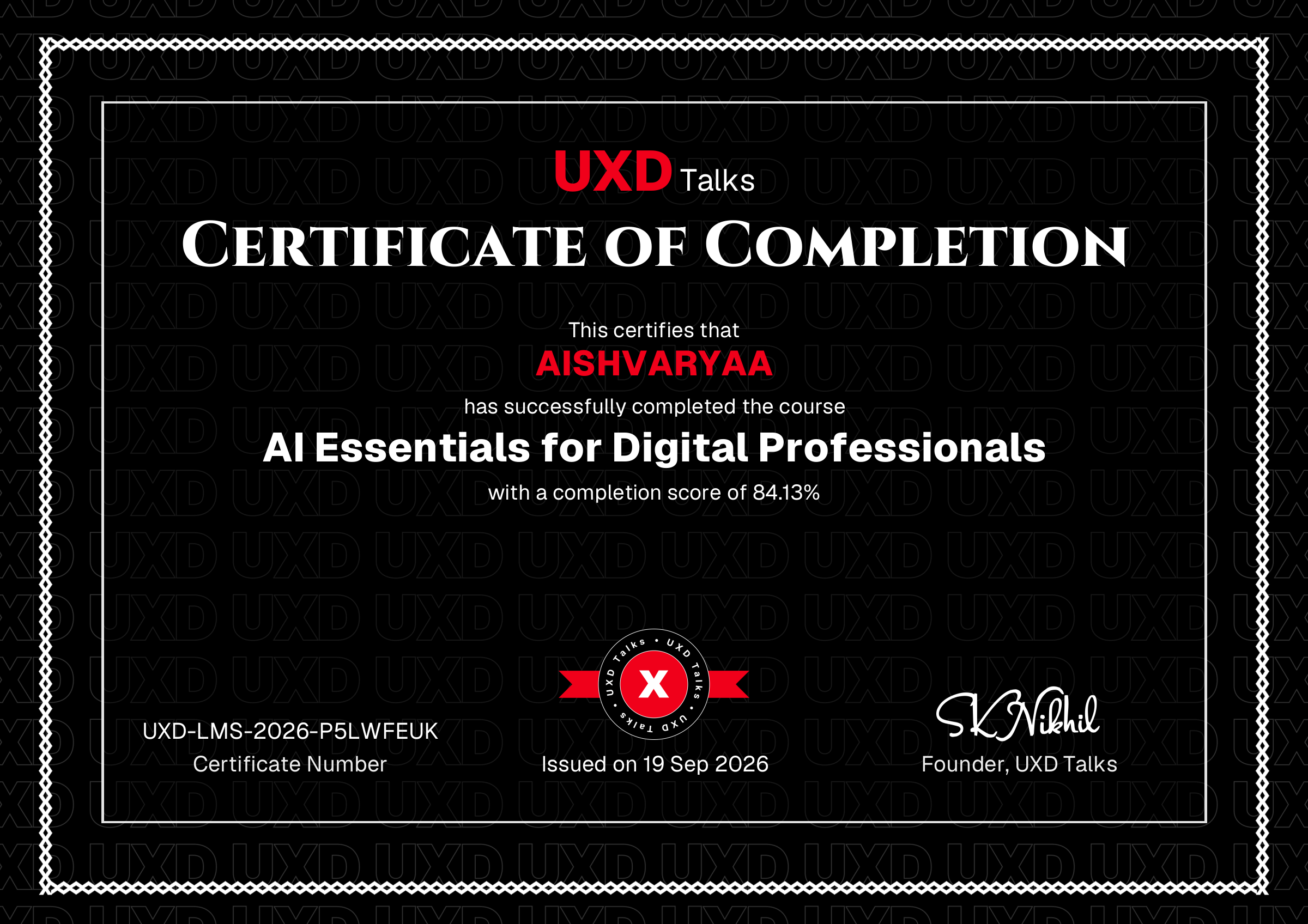 Generated UXD Talks course certificate