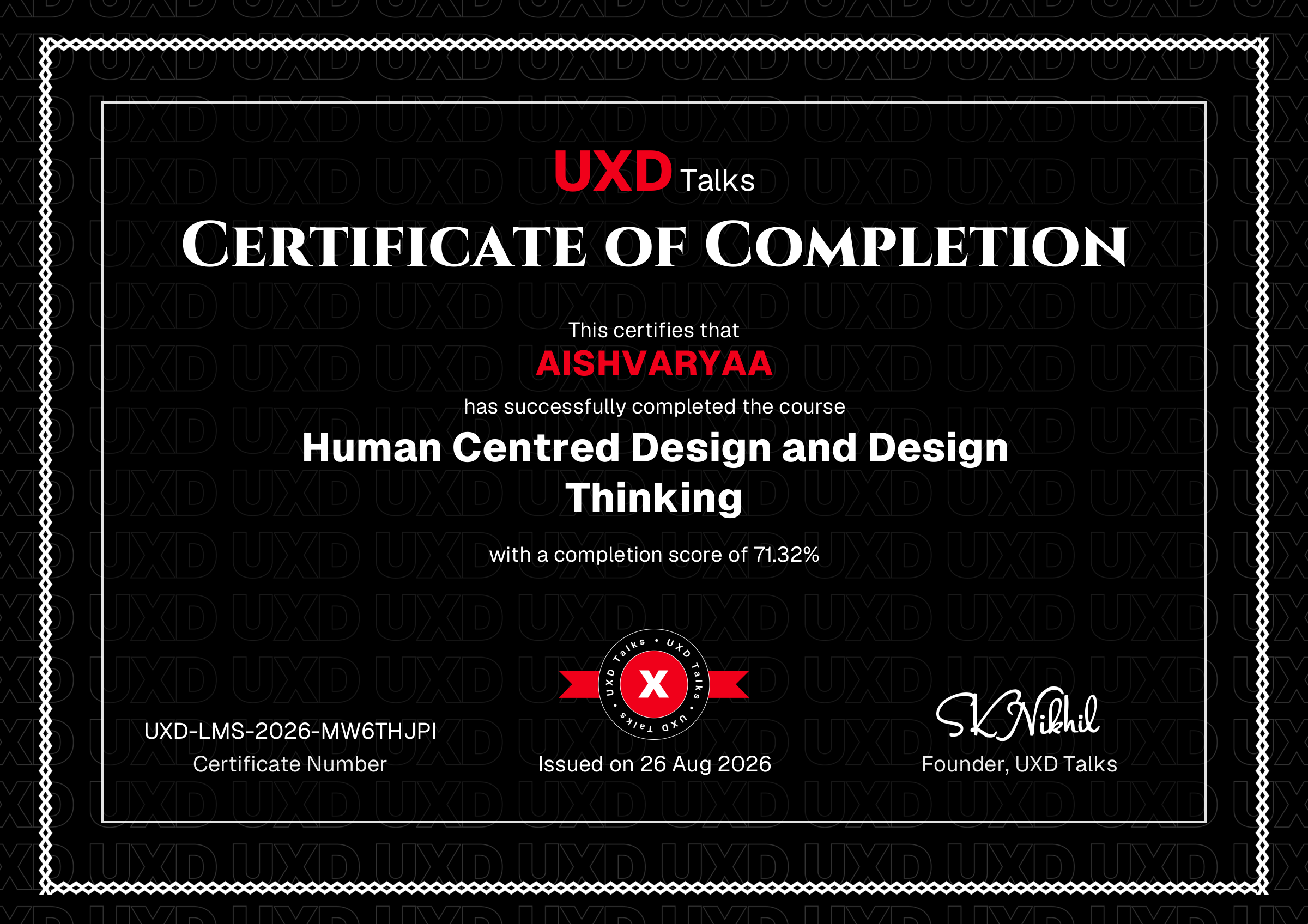 Generated UXD Talks course certificate